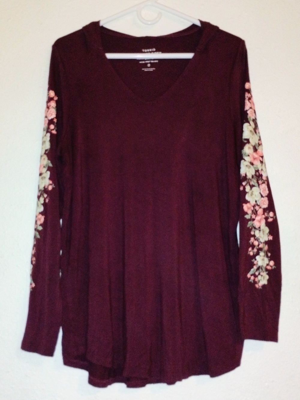 Torrid Burgundy V-Neck Long Sleeve Top with Floral Sleeve Detail